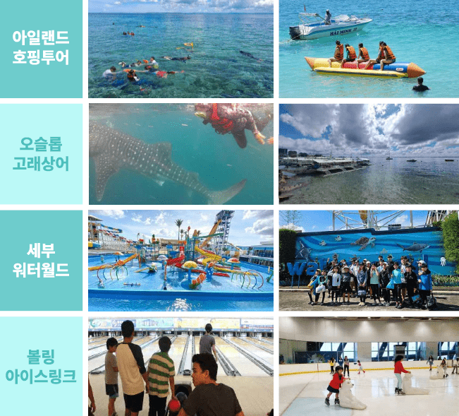 아일랜드 호핑투어, 오슬롭 고래상어, 세부 워터월드, 볼링·아이스링크 사진을 모은 액티비티 이미지