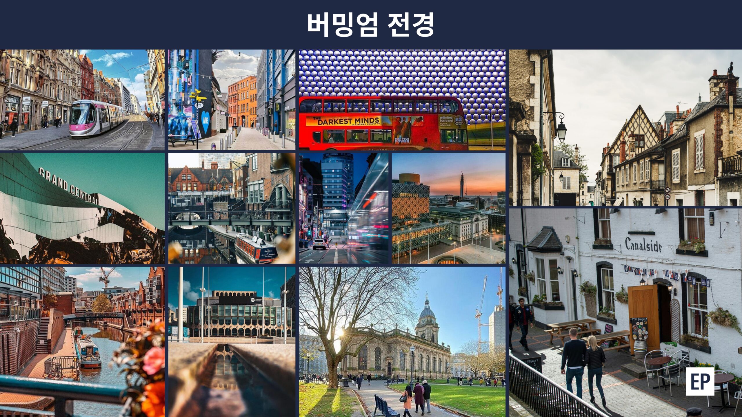 버밍엄 거리·트램·운하·시청 건물을 모은 버밍엄 전경 사진