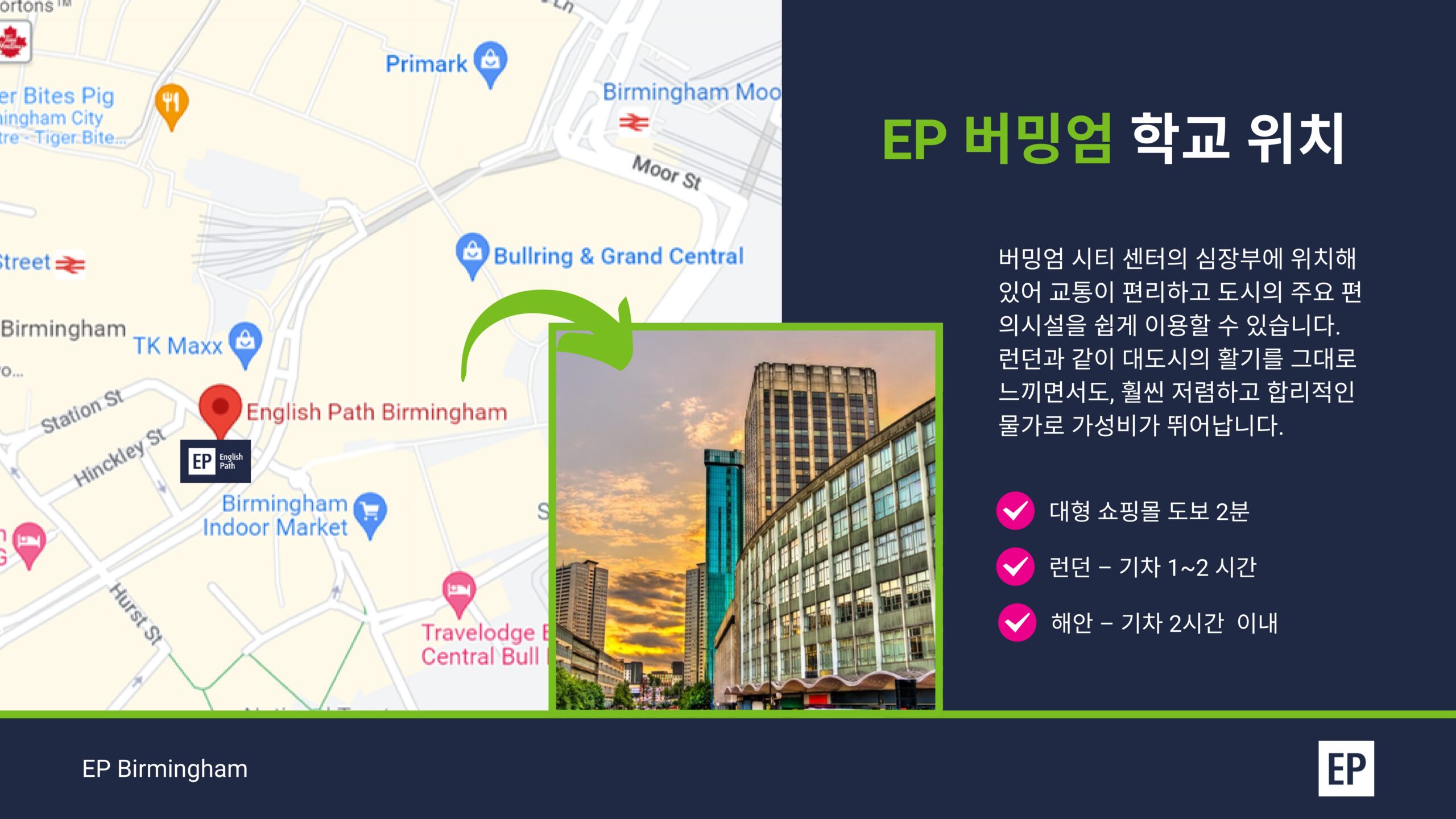 EP 버밍엄 학교 위치 지도와 건물 외관, 쇼핑몰 도보 2분·런던 기차 1~2시간 안내