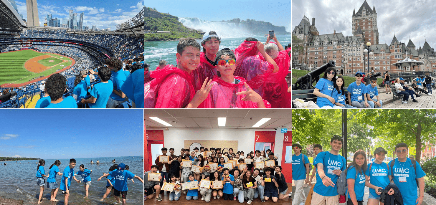 UMC 티셔츠를 입은 학생들이 토론토 야구장, 나이아가라 폭포, 퀘벡 샤토 프롱트낙 앞, 호숫가에서 활동하고 수료증을 든 모습