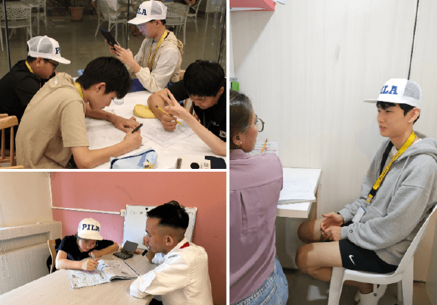 필리핀 어학원에서 학생들이 그룹 과제를 하고 선생님과 1:1 수업을 하는 모습