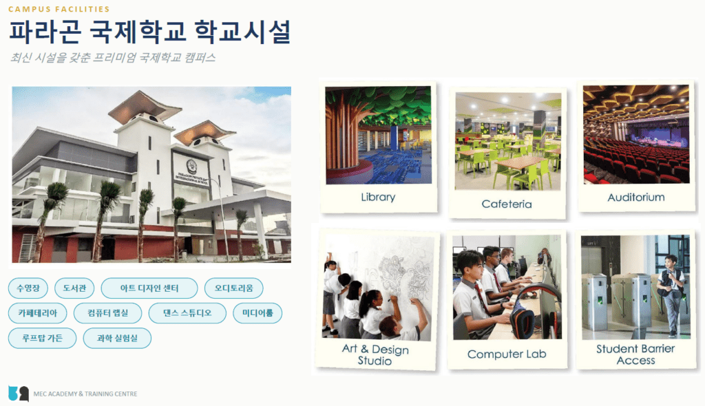 파라곤 국제학교 건물 외관과 도서관·카페테리아·오디토리움·아트 스튜디오·컴퓨터 랩·출입 게이트 사진 모음