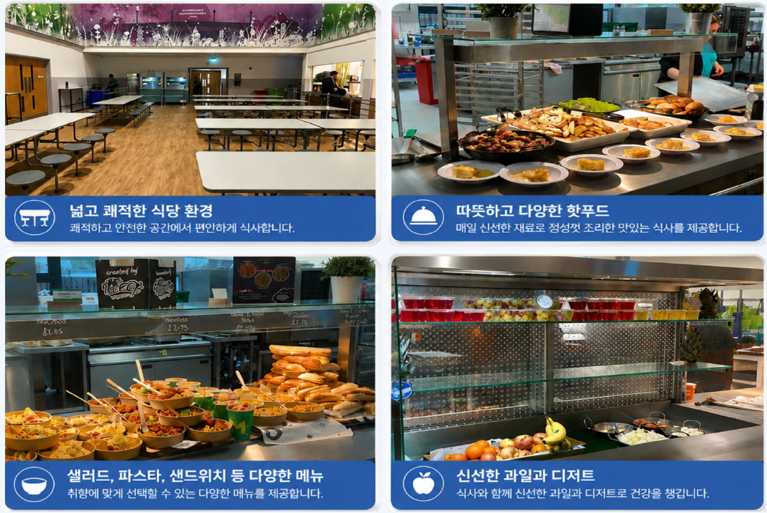 영국 학교 식당과 핫푸드, 샐러드와 샌드위치, 과일과 디저트 코너 사진 네 장