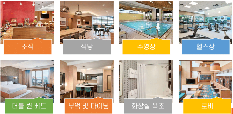 가족형 기본 숙소인 밴쿠버 다운타운 아파트형 호텔의 조식 공간, 식당, 실내 수영장, 헬스장, 더블 퀸 침대 객실, 부엌, 욕실, 로비 사진 8장