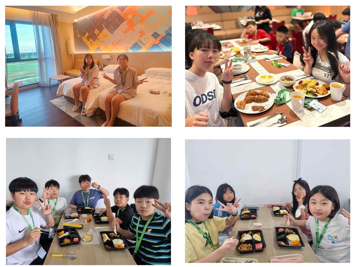 썬웨이 호텔 2인 1실 침대에 앉은 여학생들, 호텔 조식 테이블, 한식 도시락을 먹는 학생들