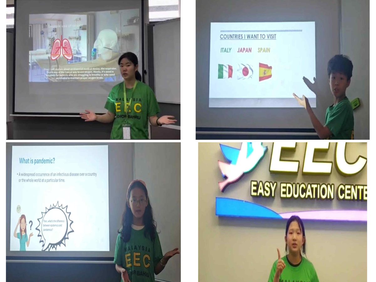 EEC 티셔츠를 입은 학생들이 슬라이드 앞에서 영어 발표를 하고 EEC 로고 앞에서 말하는 장면