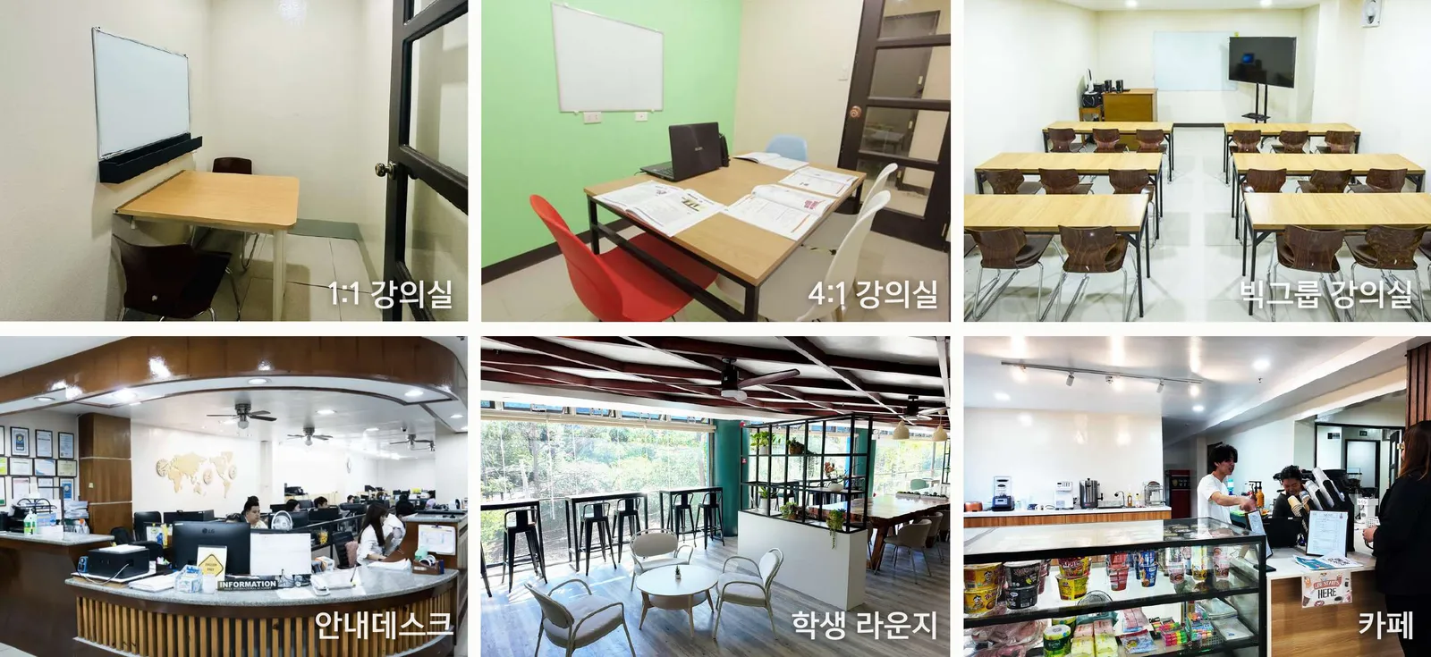 파인스 1:1 강의실·4:1 강의실·빅그룹 강의실·안내데스크·학생 라운지·카페 여섯 장면