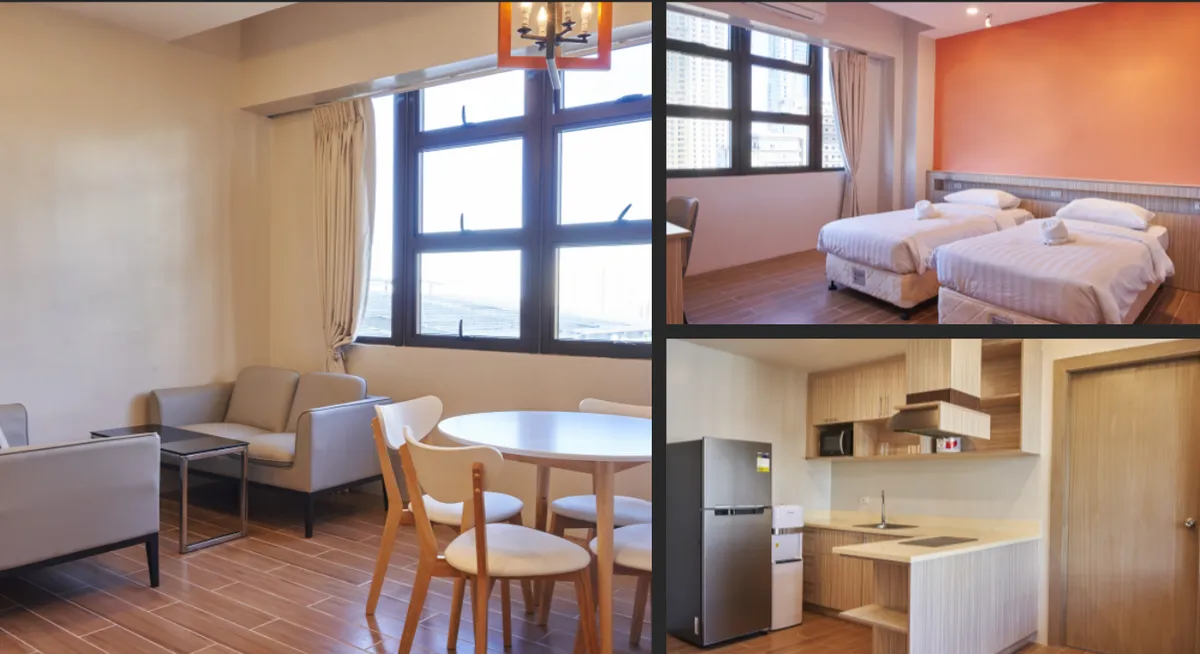 필라에듀 가족연수 Quad Suite 4인실, 거실 식탁과 침실 두 개